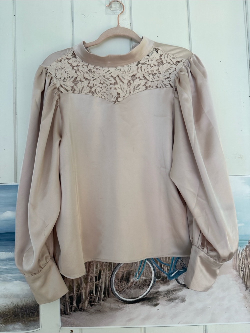 Nicole Miller Beige Lace Yoke Long Sleeve Blouse